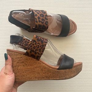 Lucky Brand Women's Size 8 Molina Leopard Leather Slip On Cork Slingback Wedge